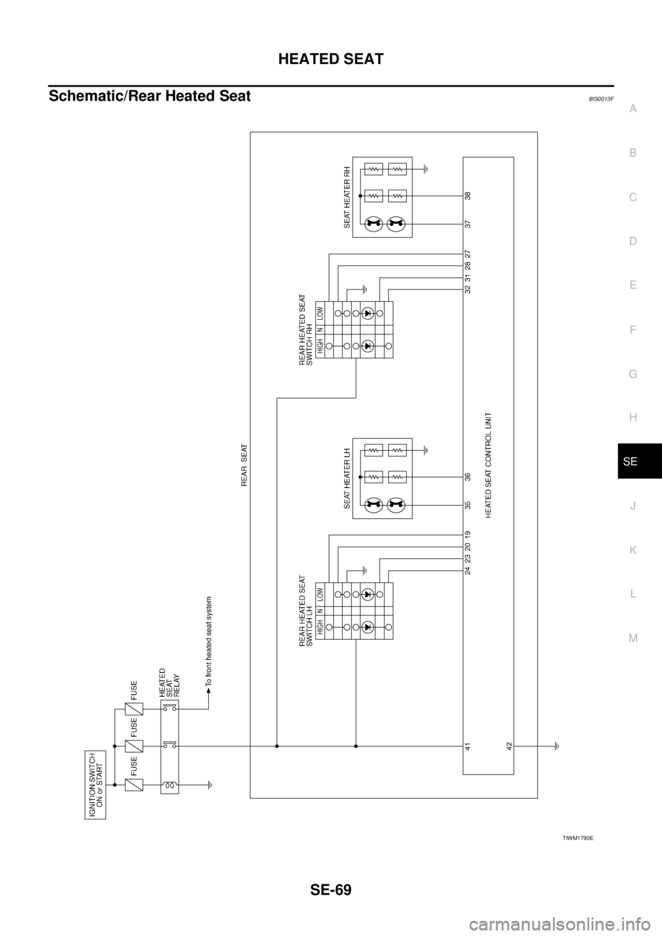NISSAN TEANA 2003 Service Manual HEATED SEAT
SE-69
C
D
E
F
G
H
J
K
L
MA
B
SE
Schematic/Rear Heated SeatBIS0013F
TIWM1790E NISSAN TEANA 2003 Service Manual HEATED SEAT
SE-69
C
D
E
F
G
H
J
K
L
MA
B
SE
Schematic/Rear Heated SeatBIS0013F
TIWM1790E