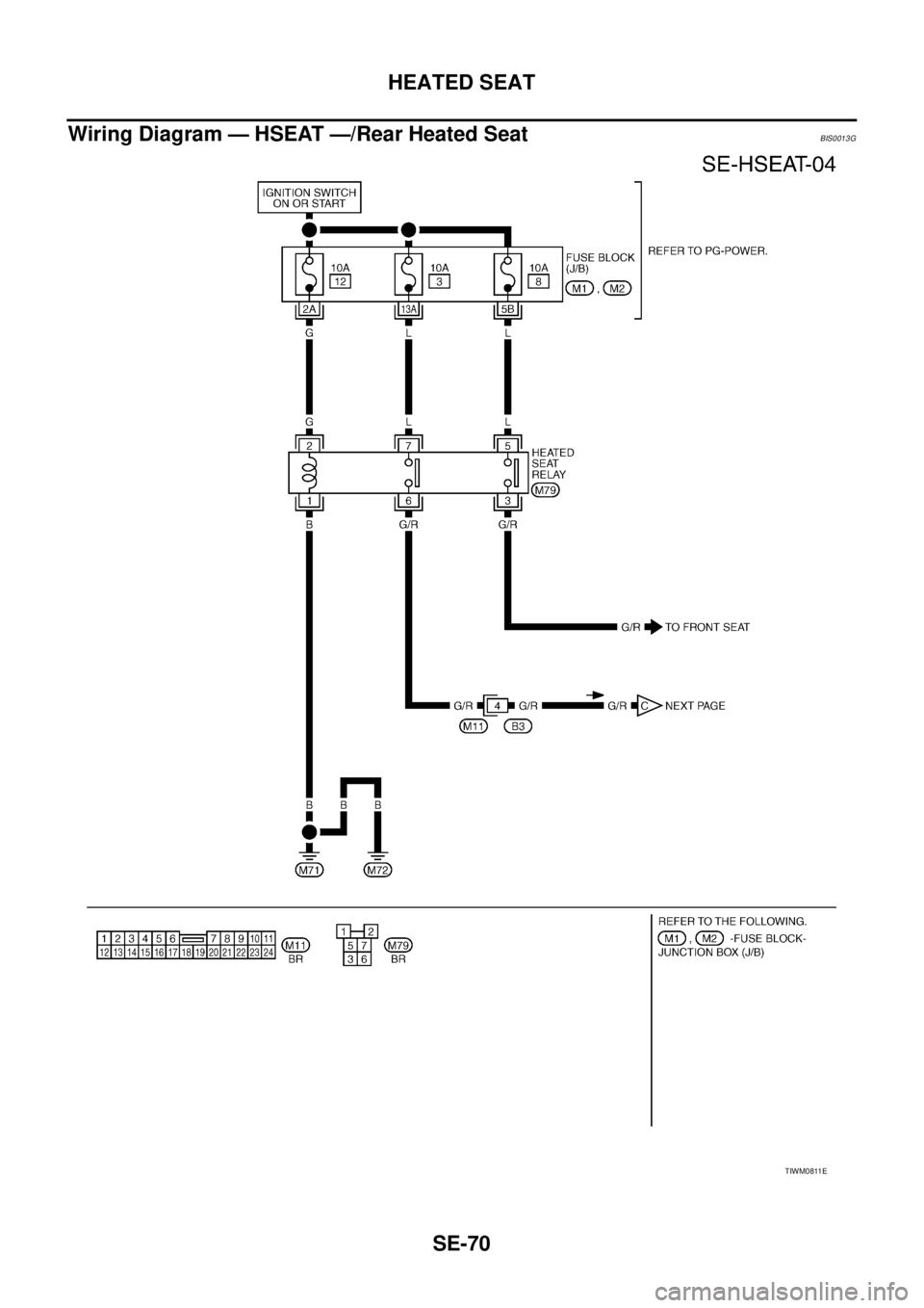 NISSAN TEANA 2003 Service Manual SE-70
HEATED SEAT
Wiring Diagram — HSEAT —/Rear Heated SeatBIS0013G
TIWM0811E NISSAN TEANA 2003 Service Manual SE-70
HEATED SEAT
Wiring Diagram — HSEAT —/Rear Heated SeatBIS0013G
TIWM0811E