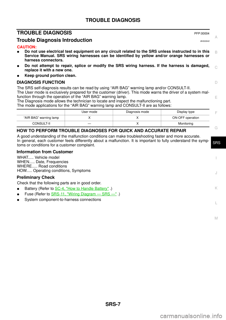 NISSAN TEANA 2003  Service Manual TROUBLE DIAGNOSIS
SRS-7
C
D
E
F
G
I
J
K
L
MA
B
SRS
 
TROUBLE DIAGNOSISPFP:00004
Trouble Diagnosis IntroductionBHS00043
CAUTION:
Do not use electrical test equipment on any circuit related to the SRS 