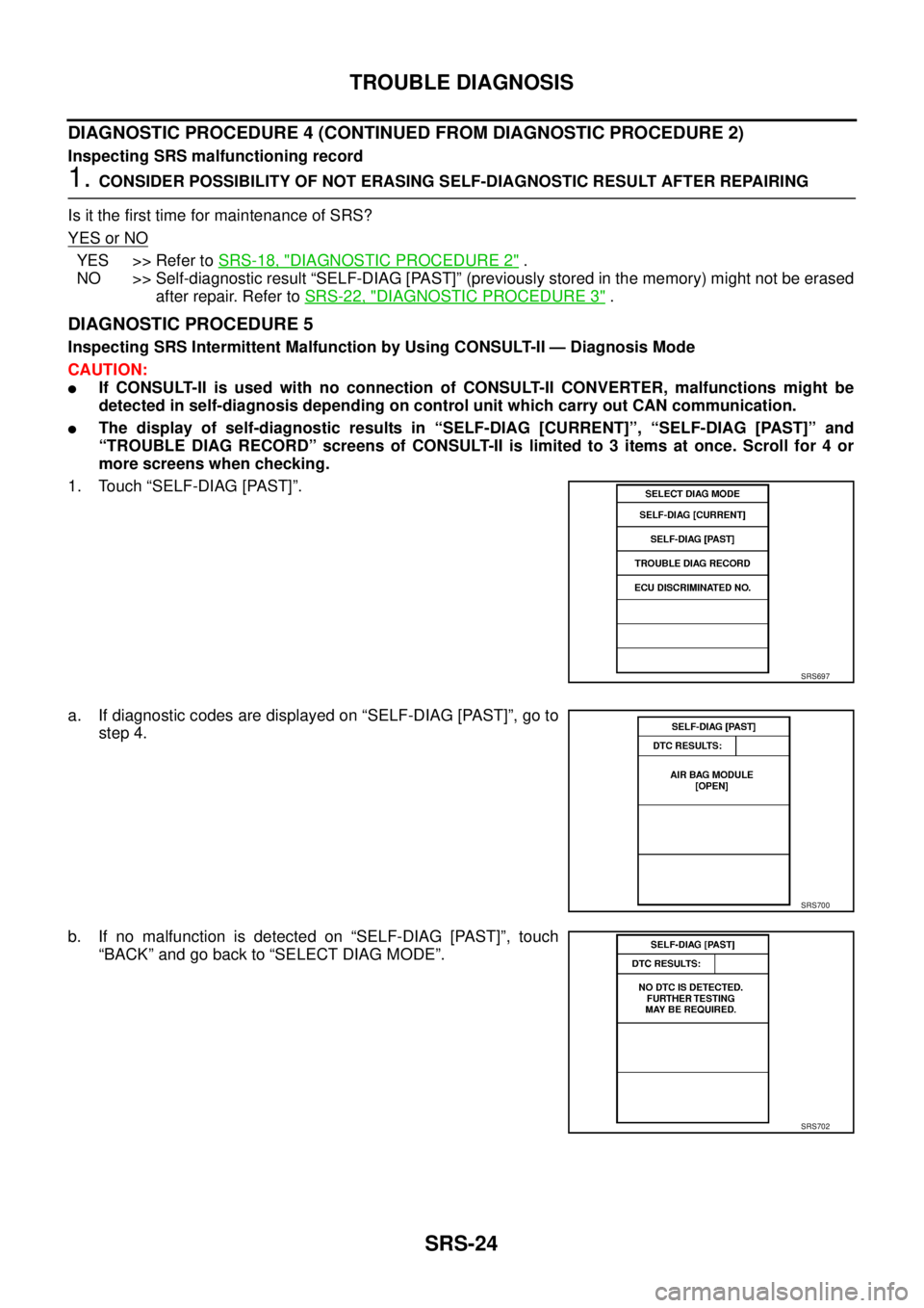 NISSAN TEANA 2003  Service Manual SRS-24
TROUBLE DIAGNOSIS
 
DIAGNOSTIC PROCEDURE 4 (CONTINUED FROM DIAGNOSTIC PROCEDURE 2)
Inspecting SRS malfunctioning record
1. CONSIDER POSSIBILITY OF NOT ERASING SELF-DIAGNOSTIC RESULT AFTER REPAI