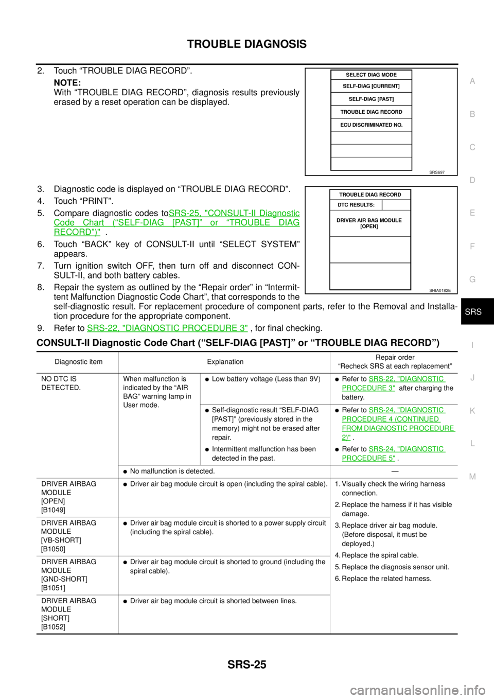 NISSAN TEANA 2003  Service Manual TROUBLE DIAGNOSIS
SRS-25
C
D
E
F
G
I
J
K
L
MA
B
SRS
 
2. Touch “TROUBLE DIAG RECORD”.
NOTE:
With “TROUBLE DIAG RECORD”, diagnosis results previously
erased by a reset operation can be displaye