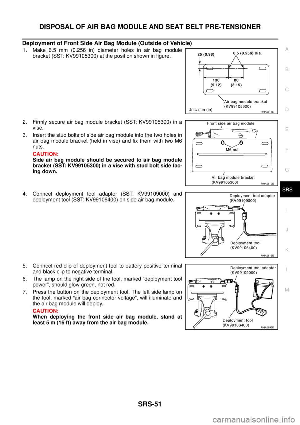 NISSAN TEANA 2003  Service Manual DISPOSAL OF AIR BAG MODULE AND SEAT BELT PRE-TENSIONER
SRS-51
C
D
E
F
G
I
J
K
L
MA
B
SRS
 
Deployment of Front Side Air Bag Module (Outside of Vehicle)
1. Make 6.5 mm (0.256 in) diameter holes in air 