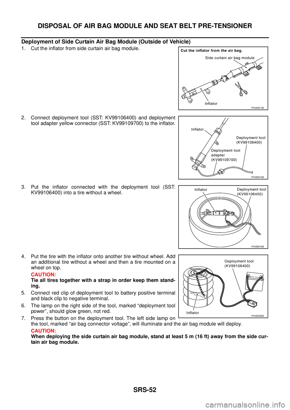 NISSAN TEANA 2003  Service Manual SRS-52
DISPOSAL OF AIR BAG MODULE AND SEAT BELT PRE-TENSIONER
 
Deployment of Side Curtain Air Bag Module (Outside of Vehicle)
1. Cut the inflator from side curtain air bag module.
2. Connect deployme