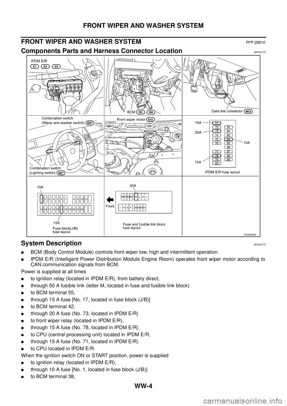 NISSAN TEANA 2003  Service Manual WW-4
FRONT WIPER AND WASHER SYSTEM
 
FRONT WIPER AND WASHER SYSTEMPFP:28810
Components Parts and Harness Connector LocationBKS001TF
System DescriptionBKS001TG
BCM (Body Control Module) controls front