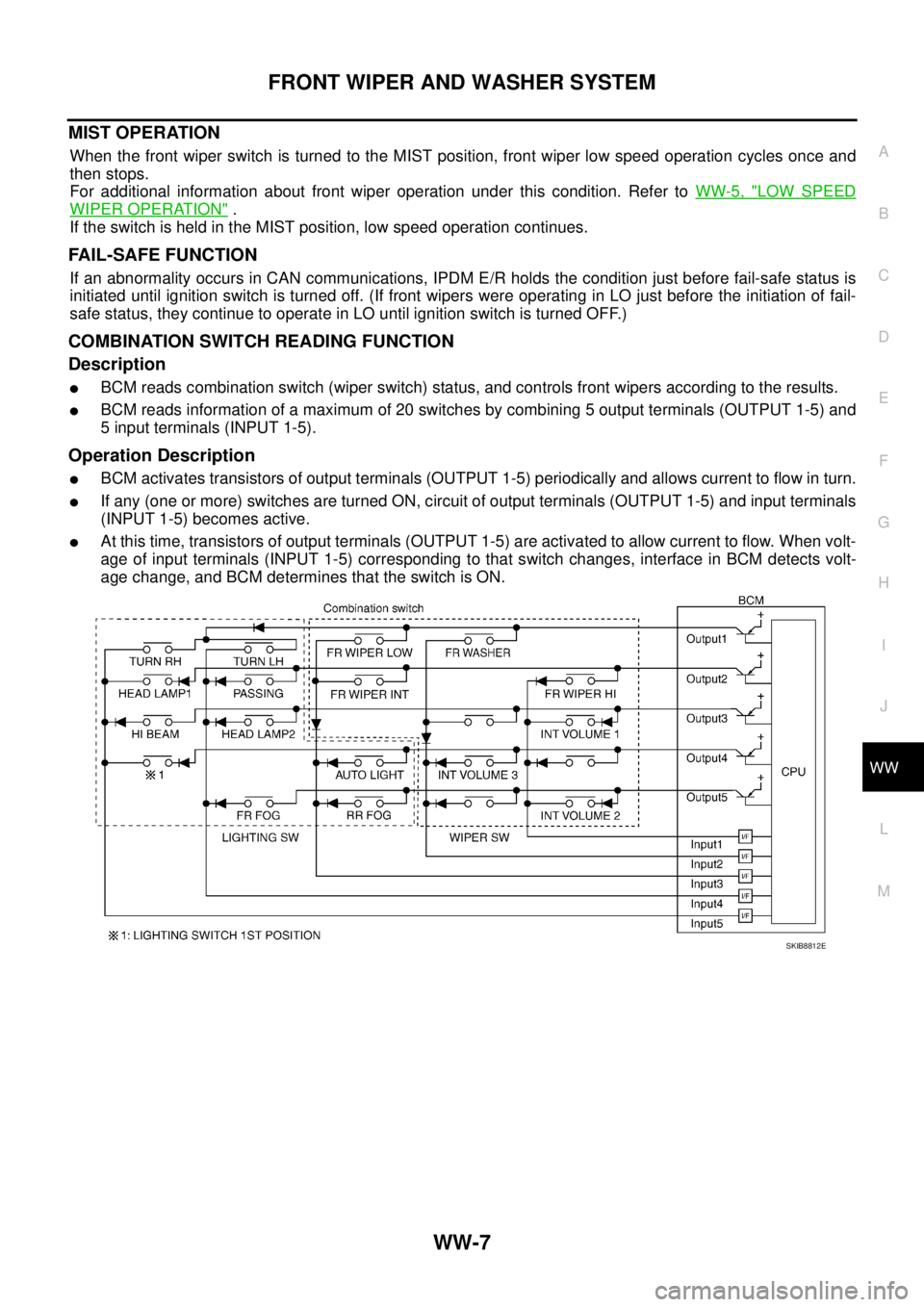 NISSAN TEANA 2003  Service Manual FRONT WIPER AND WASHER SYSTEM
WW-7
C
D
E
F
G
H
I
J
L
MA
B
WW
 
MIST OPERATION
When the front wiper switch is turned to the MIST position, front wiper low speed operation cycles once and
then stops.
Fo