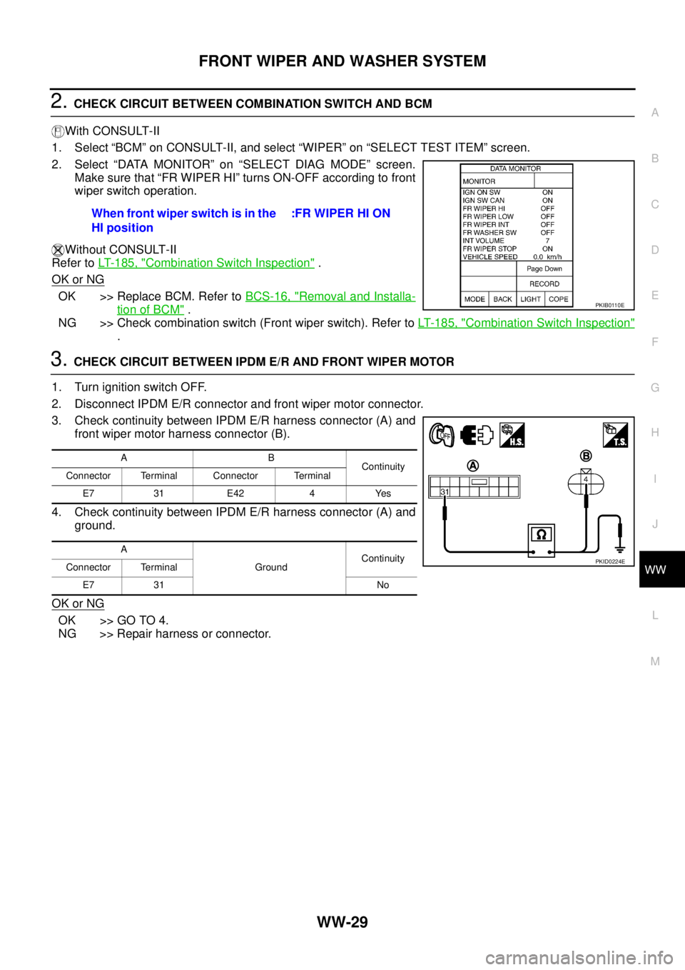 NISSAN TEANA 2003  Service Manual FRONT WIPER AND WASHER SYSTEM
WW-29
C
D
E
F
G
H
I
J
L
MA
B
WW
 
2. CHECK CIRCUIT BETWEEN COMBINATION SWITCH AND BCM
With CONSULT-II
1. Select “BCM” on CONSULT-II, and select “WIPER” on “SELE
