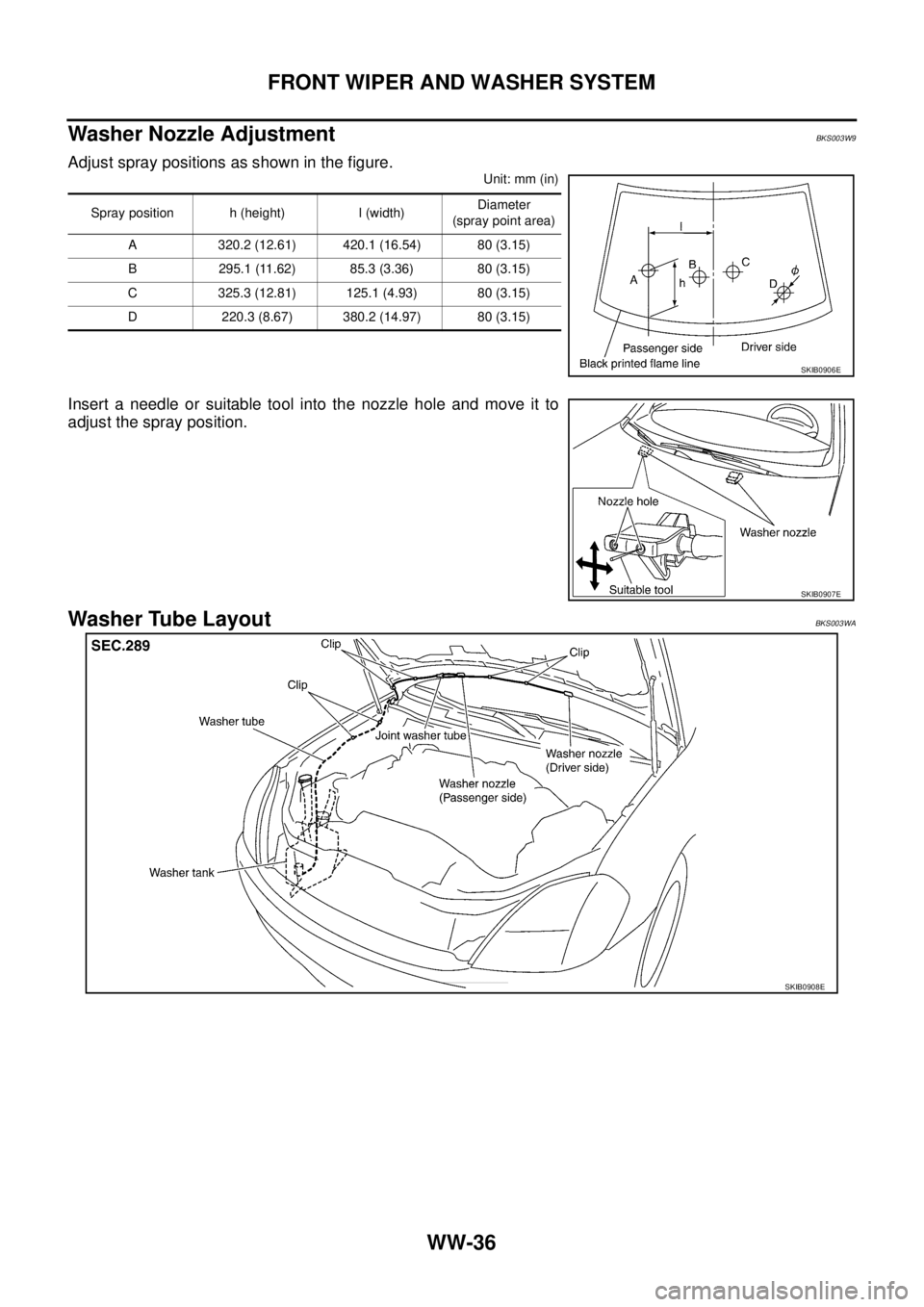 NISSAN TEANA 2003  Service Manual WW-36
FRONT WIPER AND WASHER SYSTEM
 
Washer Nozzle AdjustmentBKS003W9
Adjust spray positions as shown in the figure.
Unit: mm (in)
Insert a needle or suitable tool into the nozzle hole and move it to