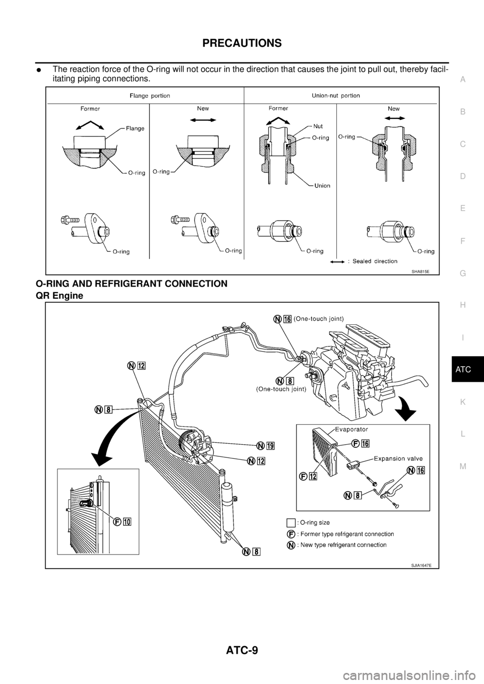 NISSAN TEANA 2003  Service Manual PRECAUTIONS
ATC-9
C
D
E
F
G
H
I
K
L
MA
B
AT C
 
The reaction force of the O-ring will not occur in the direction that causes the joint to pull out, thereby facil-
itating piping connections.
O-RING A