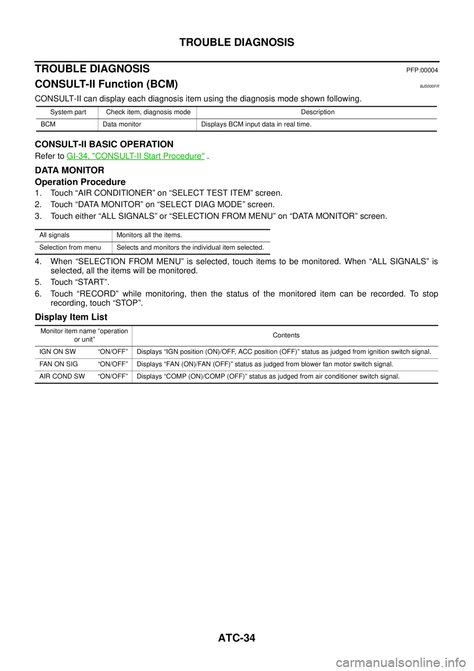 NISSAN TEANA 2003  Service Manual ATC-34
TROUBLE DIAGNOSIS
 
TROUBLE DIAGNOSISPFP:00004
CONSULT-II Function (BCM)BJS000FR
CONSULT-II can display each diagnosis item using the diagnosis mode shown following.
CONSULT-II BASIC OPERATION
