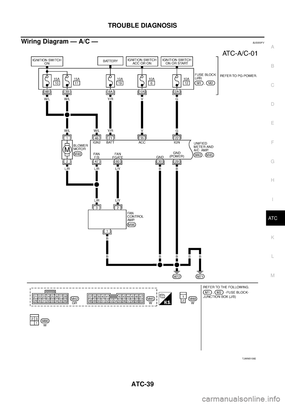 NISSAN TEANA 2003  Service Manual TROUBLE DIAGNOSIS
ATC-39
C
D
E
F
G
H
I
K
L
MA
B
AT C
 
Wiring Diagram — A/C —BJS000FV
TJWM0106E 
