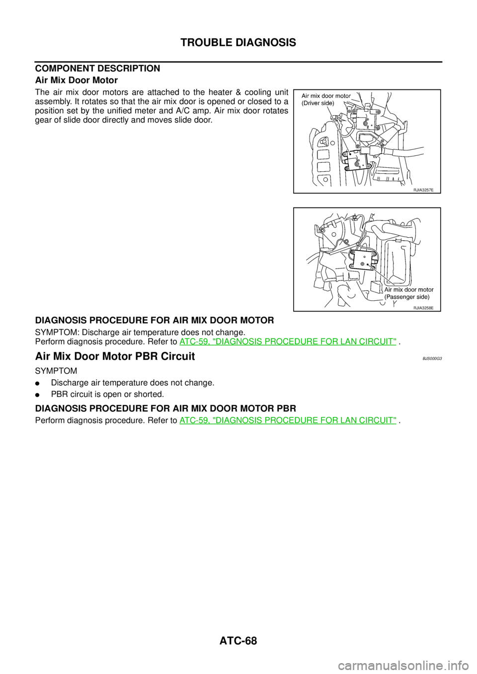 NISSAN TEANA 2003  Service Manual ATC-68
TROUBLE DIAGNOSIS
 
COMPONENT DESCRIPTION
Air Mix Door Motor
The air mix door motors are attached to the heater & cooling unit
assembly. It rotates so that the air mix door is opened or closed 