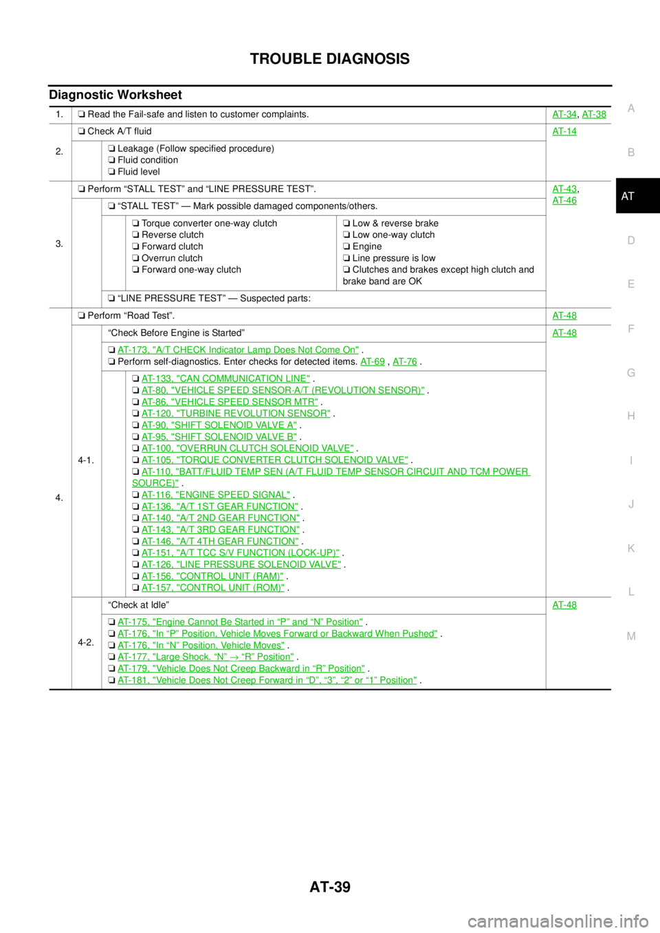 NISSAN TEANA 2003  Service Manual TROUBLE DIAGNOSIS
AT-39
D
E
F
G
H
I
J
K
L
MA
B
AT
 
Diagnostic Worksheet
1.❏ Read the Fail-safe and listen to customer complaints.AT- 3 4, AT- 3 8
2.❏ Check A/T fluidAT- 1 4❏ Leakage (Follow spe
