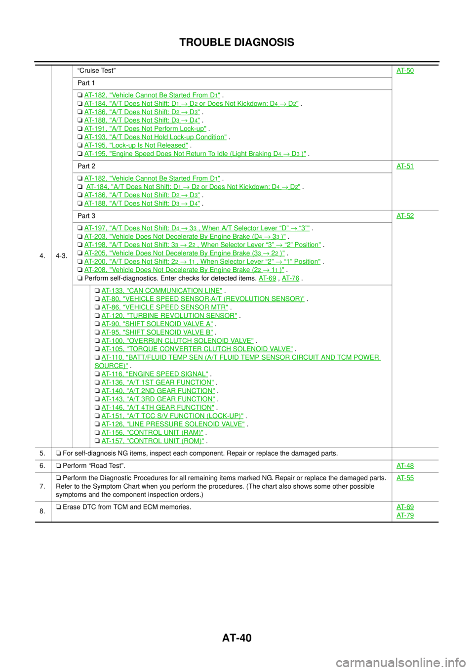 NISSAN TEANA 2003  Service Manual AT-40
TROUBLE DIAGNOSIS
 
4. 4-3.“Cruise Test”AT- 5 0
Part 1
❏ AT-182, "
Vehicle Cannot Be Started From D1" .
❏ AT-184, "
A/T Does Not Shift: D1 → D2 or Does Not Kickdown: D4 → D2" .
❏ A
