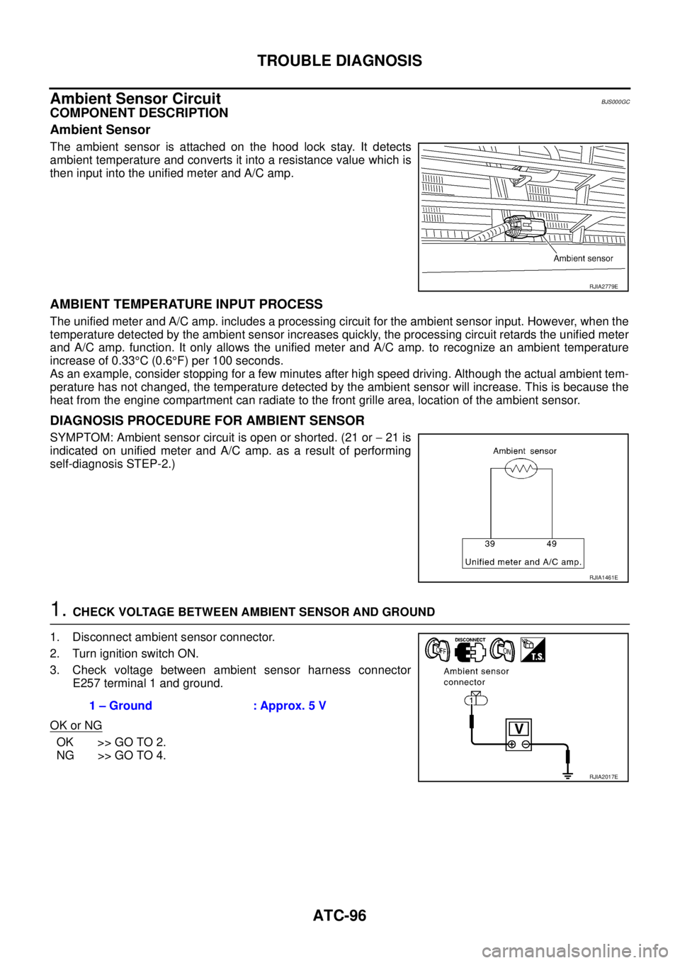 NISSAN TEANA 2003  Service Manual ATC-96
TROUBLE DIAGNOSIS
 
Ambient Sensor CircuitBJS000GC
COMPONENT DESCRIPTION
Ambient Sensor
The ambient sensor is attached on the hood lock stay. It detects
ambient temperature and converts it into