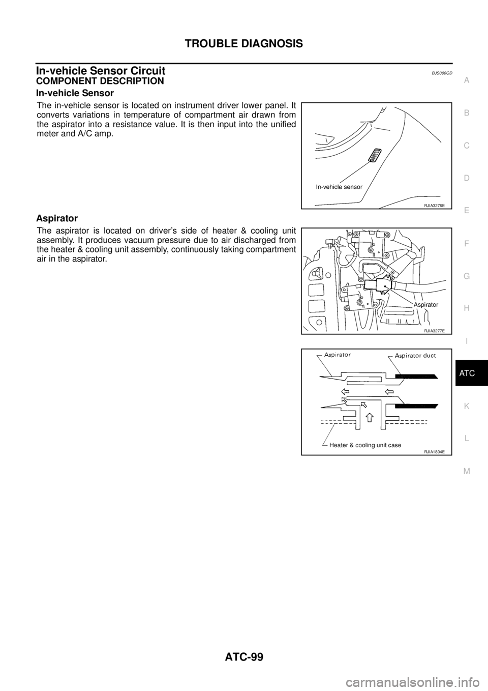NISSAN TEANA 2003  Service Manual TROUBLE DIAGNOSIS
ATC-99
C
D
E
F
G
H
I
K
L
MA
B
AT C
 
In-vehicle Sensor CircuitBJS000GD
COMPONENT DESCRIPTION
In-vehicle Sensor
The in-vehicle sensor is located on instrument driver lower panel. It
c