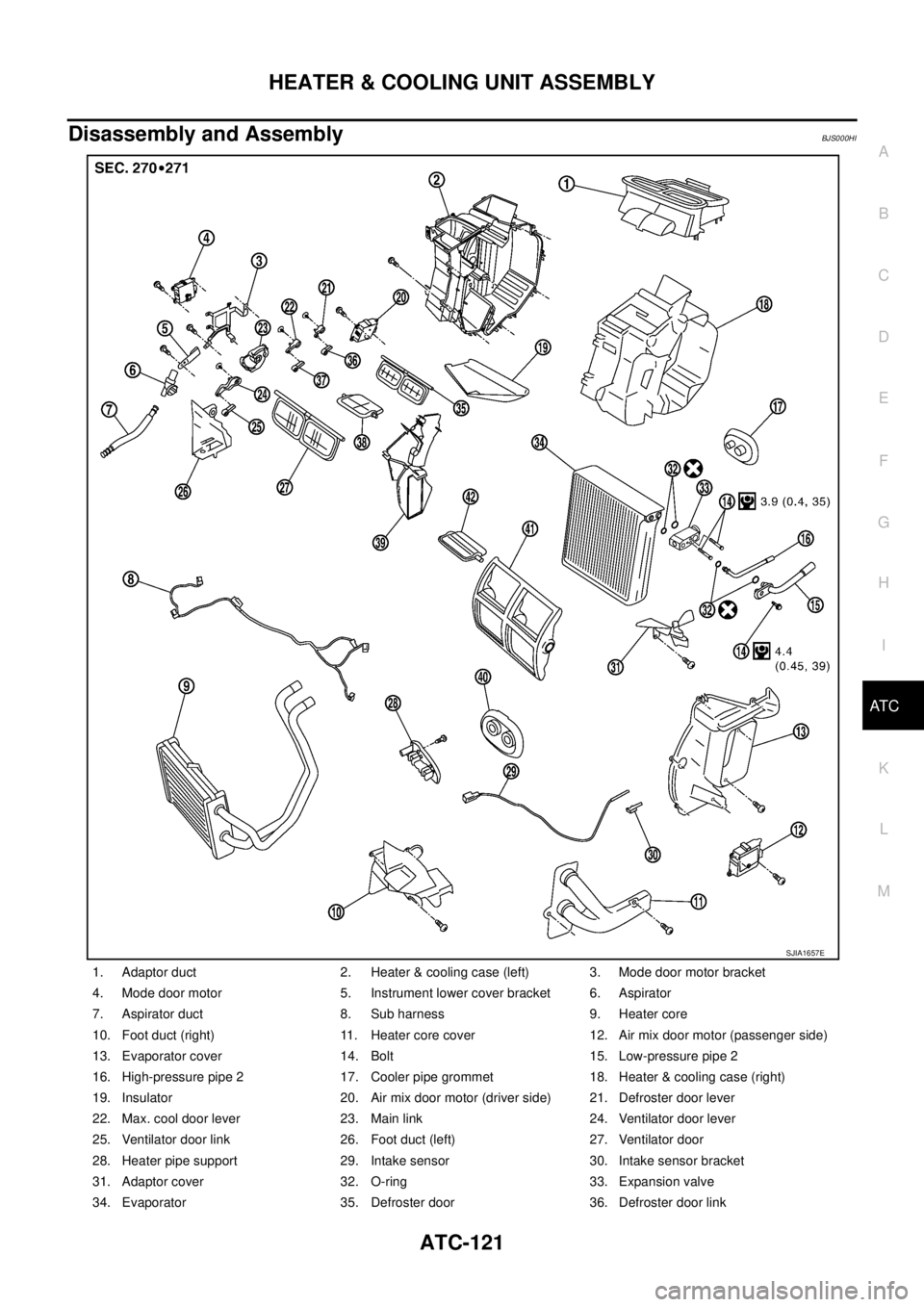 NISSAN TEANA 2003  Service Manual HEATER & COOLING UNIT ASSEMBLY
ATC-121
C
D
E
F
G
H
I
K
L
MA
B
AT C
 
Disassembly and AssemblyBJS000HI
1. Adaptor duct 2. Heater & cooling case (left) 3. Mode door motor bracket
4. Mode door motor 5. I