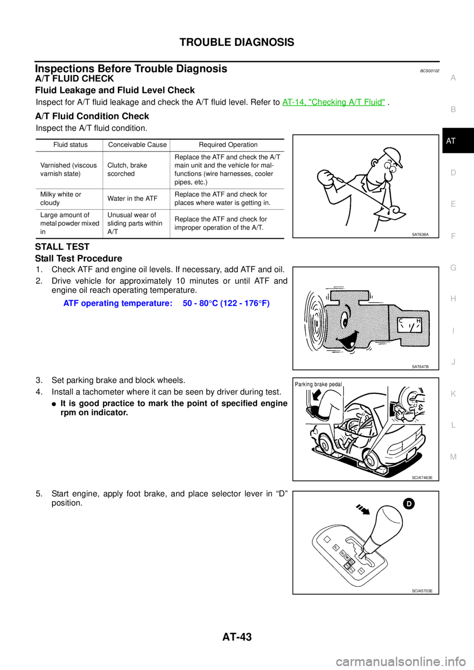 NISSAN TEANA 2003  Service Manual TROUBLE DIAGNOSIS
AT-43
D
E
F
G
H
I
J
K
L
MA
B
AT
 
Inspections Before Trouble DiagnosisBCS00102
A/T FLUID CHECK
Fluid Leakage and Fluid Level Check
Inspect for A/T fluid leakage and check the A/T flu