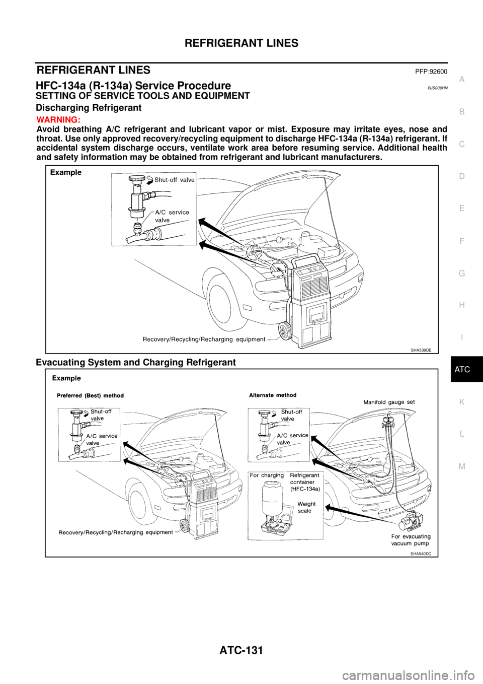 NISSAN TEANA 2003  Service Manual REFRIGERANT LINES
ATC-131
C
D
E
F
G
H
I
K
L
MA
B
AT C
 
REFRIGERANT LINESPFP:92600
HFC-134a (R-134a) Service ProcedureBJS000HN
SETTING OF SERVICE TOOLS AND EQUIPMENT
Discharging Refrigerant
WARNING:
A
