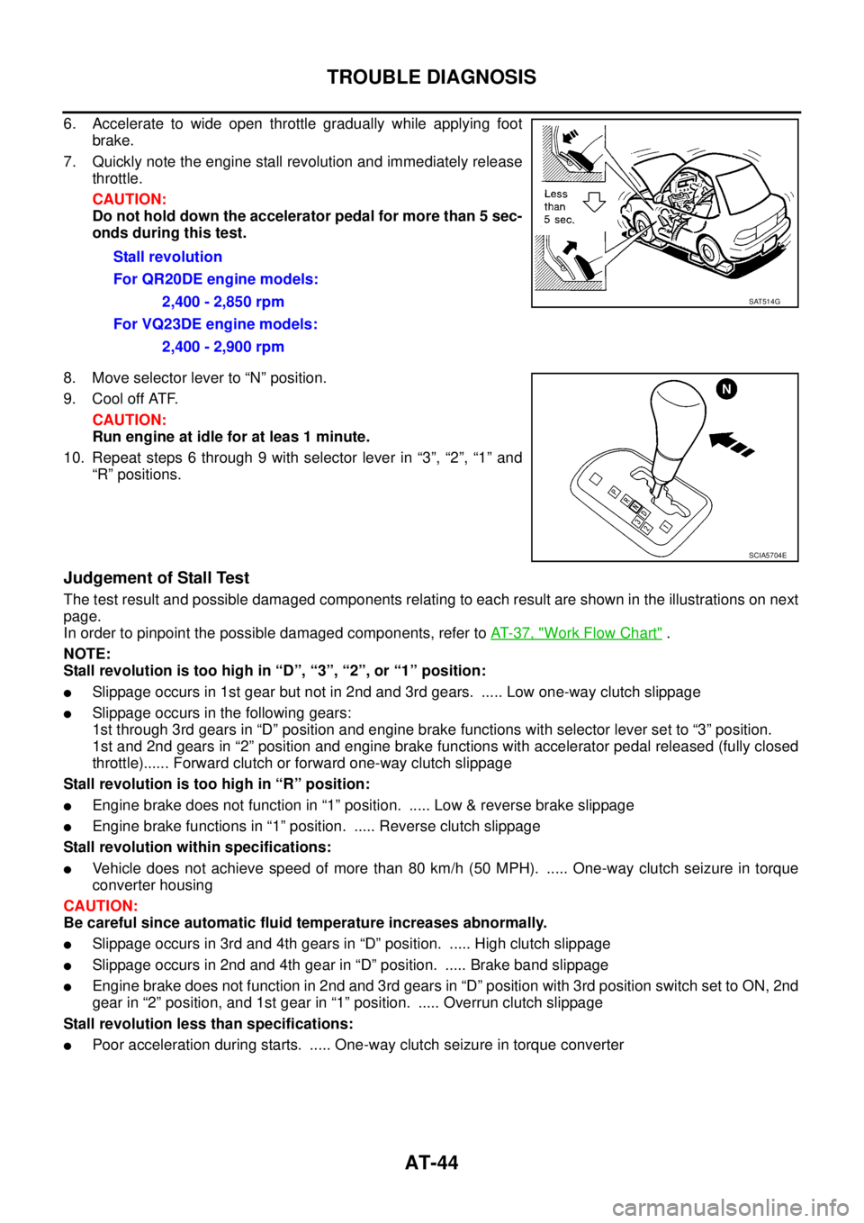 NISSAN TEANA 2003  Service Manual AT-44
TROUBLE DIAGNOSIS
 
6. Accelerate to wide open throttle gradually while applying foot
brake.
7. Quickly note the engine stall revolution and immediately release
throttle.
CAUTION:
Do not hold do