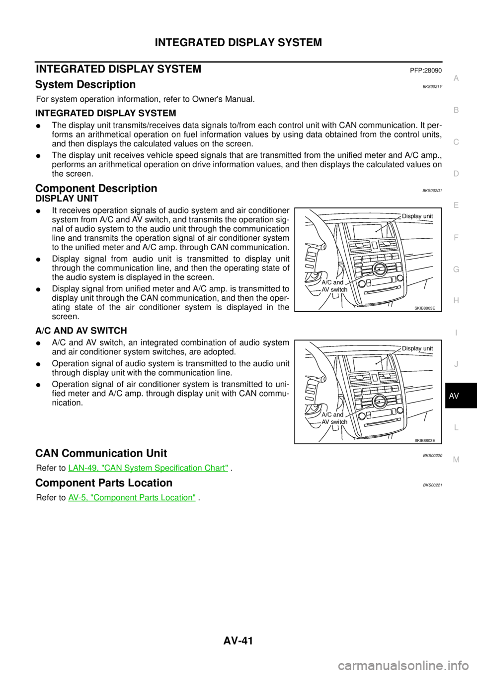NISSAN TEANA 2003  Service Manual INTEGRATED DISPLAY SYSTEM
AV-41
C
D
E
F
G
H
I
J
L
MA
B
AV
 
INTEGRATED DISPLAY SYSTEMPFP:28090
System DescriptionBKS0021Y
For system operation information, refer to Owners Manual.
INTEGRATED DISPLAY 