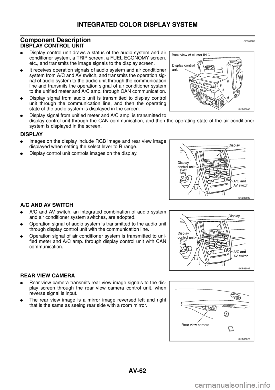 NISSAN TEANA 2003  Service Manual AV-62
INTEGRATED COLOR DISPLAY SYSTEM
 
Component DescriptionBKS0027K
DISPLAY CONTROL UNIT
Display control unit draws a status of the audio system and air
conditioner system, a TRIP screen, a FUEL EC