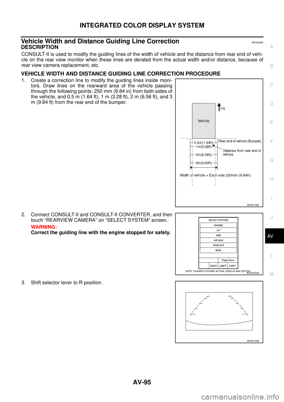 NISSAN TEANA 2003  Service Manual INTEGRATED COLOR DISPLAY SYSTEM
AV-95
C
D
E
F
G
H
I
J
L
MA
B
AV
 
Vehicle Width and Distance Guiding Line CorrectionBKS00282
DESCRIPTION
CONSULT-II is used to modify the guiding lines of the width of 