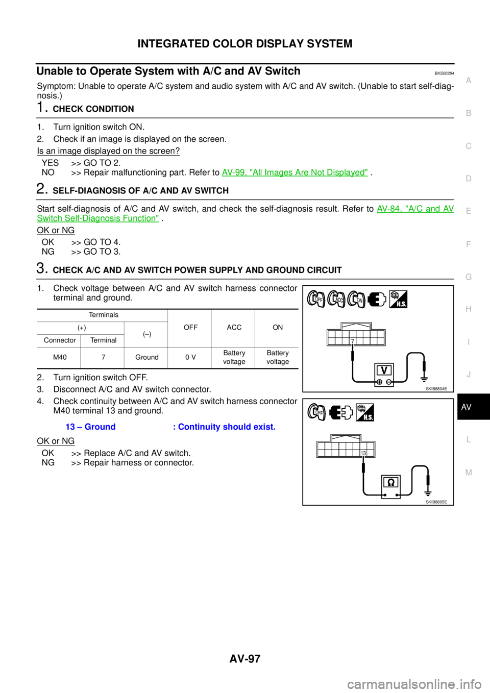 NISSAN TEANA 2003 Service Manual INTEGRATED COLOR DISPLAY SYSTEM
AV-97
C
D
E
F
G
H
I
J
L
MA
B
AV
Unable to Operate System with A/C and AV SwitchBKS00284
Symptom: Unable to operate A/C system and audio system with A/C and AV switch. NISSAN TEANA 2003 Service Manual INTEGRATED COLOR DISPLAY SYSTEM
AV-97
C
D
E
F
G
H
I
J
L
MA
B
AV
Unable to Operate System with A/C and AV SwitchBKS00284
Symptom: Unable to operate A/C system and audio system with A/C and AV switch.