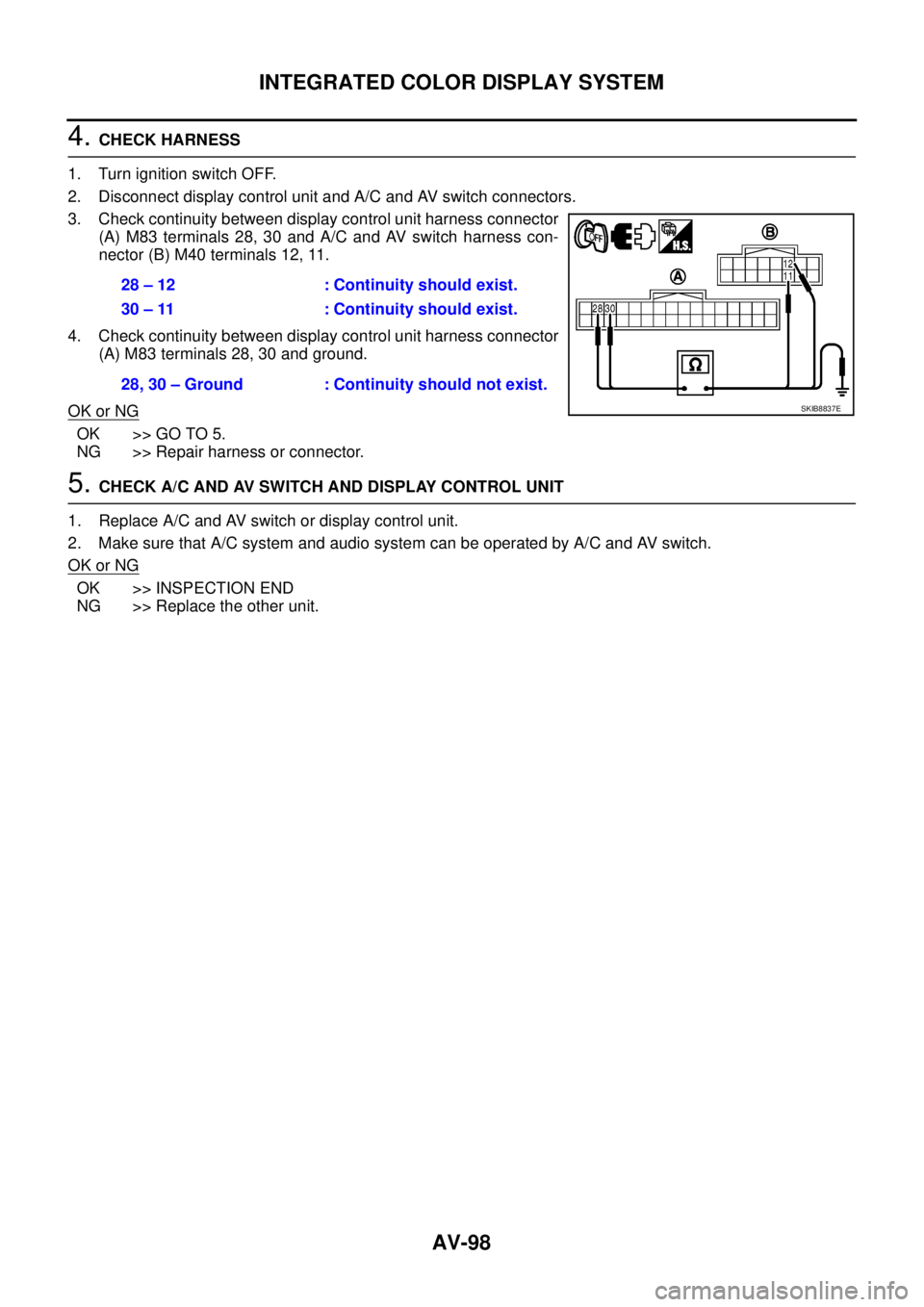 NISSAN TEANA 2003 Service Manual AV-98
INTEGRATED COLOR DISPLAY SYSTEM
4. CHECK HARNESS
1. Turn ignition switch OFF.
2. Disconnect display control unit and A/C and AV switch connectors.
3. Check continuity between display control u NISSAN TEANA 2003 Service Manual AV-98
INTEGRATED COLOR DISPLAY SYSTEM
4. CHECK HARNESS
1. Turn ignition switch OFF.
2. Disconnect display control unit and A/C and AV switch connectors.
3. Check continuity between display control u