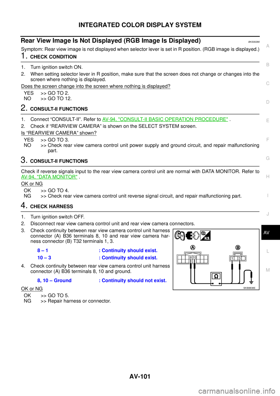 NISSAN TEANA 2003 Service Manual INTEGRATED COLOR DISPLAY SYSTEM
AV-101
C
D
E
F
G
H
I
J
L
MA
B
AV
Rear View Image Is Not Displayed (RGB Image Is Displayed)BKS00286
Symptom: Rear view image is not displayed when selector lever is se NISSAN TEANA 2003 Service Manual INTEGRATED COLOR DISPLAY SYSTEM
AV-101
C
D
E
F
G
H
I
J
L
MA
B
AV
Rear View Image Is Not Displayed (RGB Image Is Displayed)BKS00286
Symptom: Rear view image is not displayed when selector lever is se