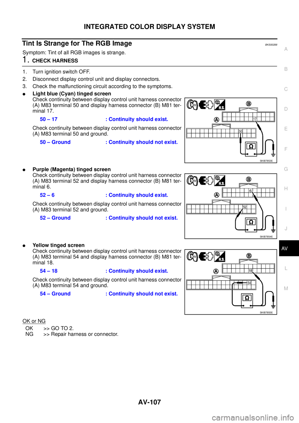 NISSAN TEANA 2003 Service Manual INTEGRATED COLOR DISPLAY SYSTEM
AV-107
C
D
E
F
G
H
I
J
L
MA
B
AV
Tint Is Strange for The RGB ImageBKS00288
Symptom: Tint of all RGB images is strange.
1. CHECK HARNESS
1. Turn ignition switch OFF.
2 NISSAN TEANA 2003 Service Manual INTEGRATED COLOR DISPLAY SYSTEM
AV-107
C
D
E
F
G
H
I
J
L
MA
B
AV
Tint Is Strange for The RGB ImageBKS00288
Symptom: Tint of all RGB images is strange.
1. CHECK HARNESS
1. Turn ignition switch OFF.
2