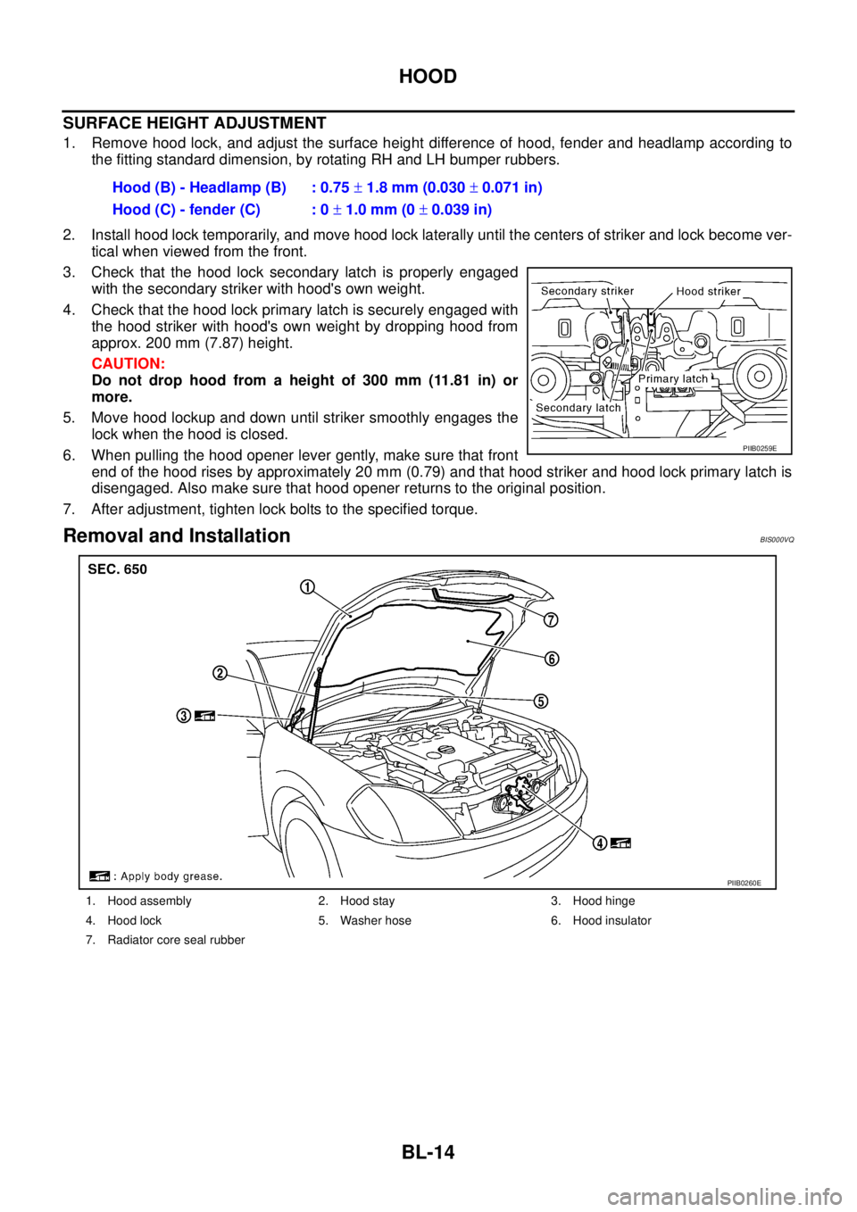 NISSAN TEANA 2003  Service Manual BL-14
HOOD
 
SURFACE HEIGHT ADJUSTMENT
1. Remove hood lock, and adjust the surface height difference of hood, fender and headlamp according to
the fitting standard dimension, by rotating RH and LH bum