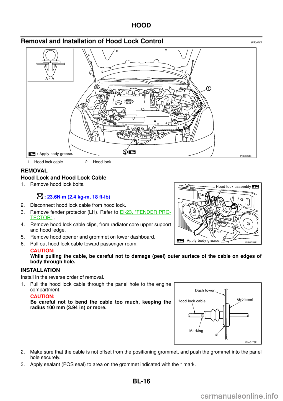 NISSAN TEANA 2003  Service Manual BL-16
HOOD
 
Removal and Installation of Hood Lock ControlBIS000VR
REMOVAL
Hood Lock and Hood Lock Cable
1. Remove hood lock bolts.
2. Disconnect hood lock cable from hood lock.
3. Remove fender prote