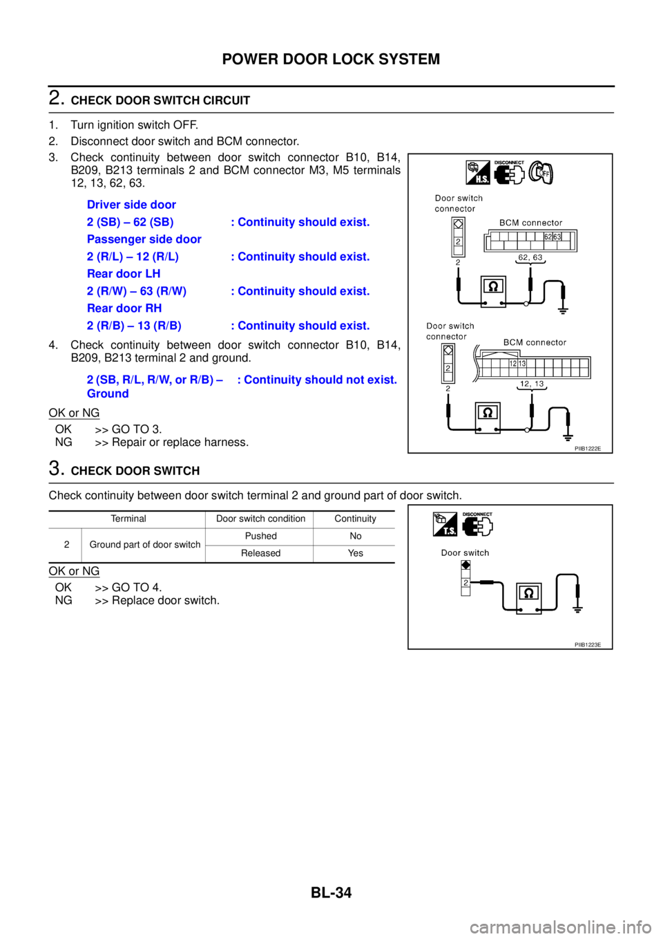 NISSAN TEANA 2003  Service Manual BL-34
POWER DOOR LOCK SYSTEM
 
2. CHECK DOOR SWITCH CIRCUIT 
1. Turn ignition switch OFF.
2. Disconnect door switch and BCM connector.
3. Check continuity between door switch connector B10, B14,
B209,