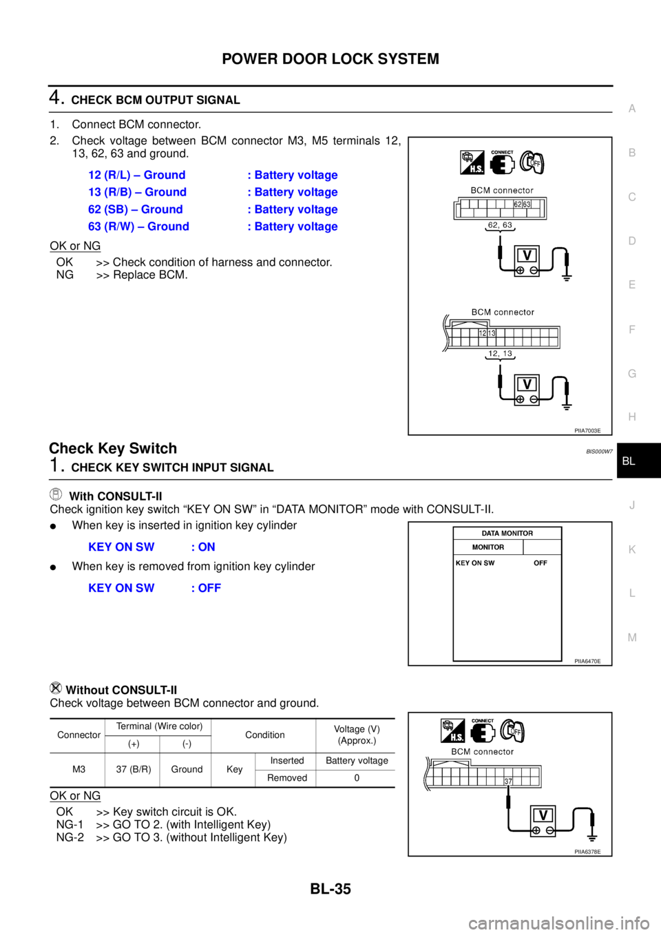 NISSAN TEANA 2003  Service Manual POWER DOOR LOCK SYSTEM
BL-35
C
D
E
F
G
H
J
K
L
MA
B
BL
 
4. CHECK BCM OUTPUT SIGNAL
1. Connect BCM connector.
2. Check voltage between BCM connector M3, M5 terminals 12,
13, 62, 63 and ground.
OK or N