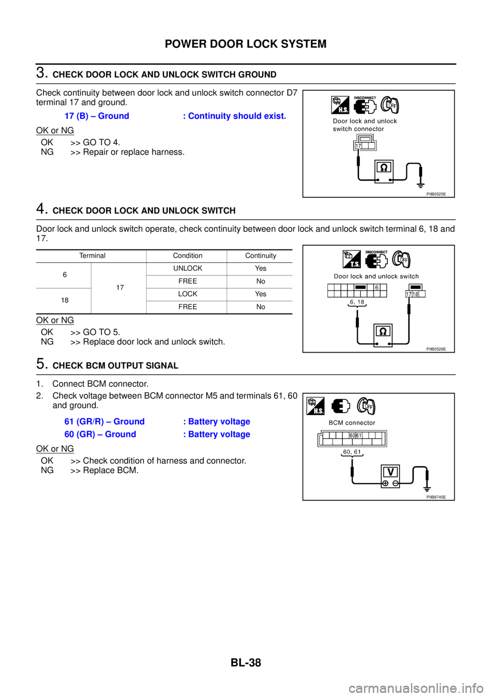 NISSAN TEANA 2003  Service Manual BL-38
POWER DOOR LOCK SYSTEM
 
3. CHECK DOOR LOCK AND UNLOCK SWITCH GROUND
Check continuity between door lock and unlock switch connector D7
terminal 17 and ground.
OK or NG
OK >> GO TO 4.
NG >> Repai