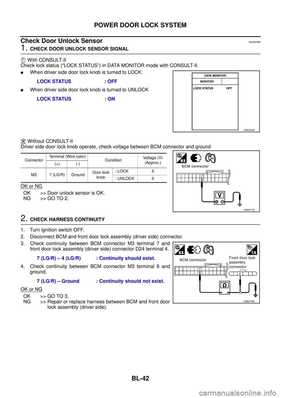 NISSAN TEANA 2003  Service Manual BL-42
POWER DOOR LOCK SYSTEM
 
Check Door Unlock SensorBIS000WB
1. CHECK DOOR UNLOCK SENSOR SIGNAL
 With CONSULT-II
Check lock status (“LOCK STATUS”) in DATA MONITOR mode with CONSULT-II.
When dr