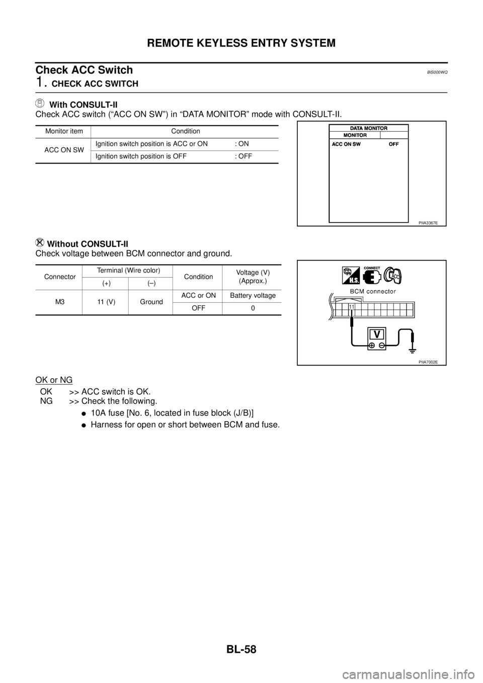 NISSAN TEANA 2003 Service Manual BL-58
REMOTE KEYLESS ENTRY SYSTEM
Check ACC SwitchBIS000WQ
1. CHECK ACC SWITCH
With CONSULT-II
Check ACC switch (“ACC ON SW”) in “DATA MONITOR” mode with CONSULT-II.
Without CONSULT-II
Chec NISSAN TEANA 2003 Service Manual BL-58
REMOTE KEYLESS ENTRY SYSTEM
Check ACC SwitchBIS000WQ
1. CHECK ACC SWITCH
With CONSULT-II
Check ACC switch (“ACC ON SW”) in “DATA MONITOR” mode with CONSULT-II.
Without CONSULT-II
Chec