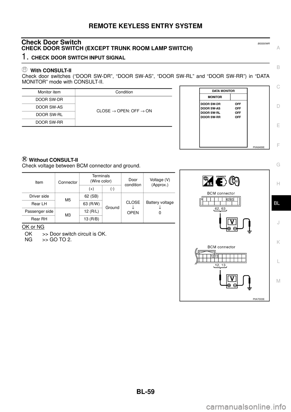 NISSAN TEANA 2003 Service Manual REMOTE KEYLESS ENTRY SYSTEM
BL-59
C
D
E
F
G
H
J
K
L
MA
B
BL
Check Door SwitchBIS000WR
CHECK DOOR SWITCH (EXCEPT TRUNK ROOM LAMP SWITCH)
1. CHECK DOOR SWITCH INPUT SIGNAL
With CONSULT-II
Check door NISSAN TEANA 2003 Service Manual REMOTE KEYLESS ENTRY SYSTEM
BL-59
C
D
E
F
G
H
J
K
L
MA
B
BL
Check Door SwitchBIS000WR
CHECK DOOR SWITCH (EXCEPT TRUNK ROOM LAMP SWITCH)
1. CHECK DOOR SWITCH INPUT SIGNAL
With CONSULT-II
Check door