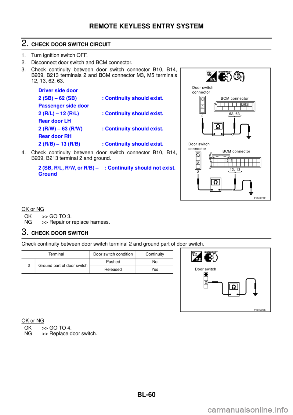 NISSAN TEANA 2003 Service Manual BL-60
REMOTE KEYLESS ENTRY SYSTEM
2. CHECK DOOR SWITCH CIRCUIT
1. Turn ignition switch OFF.
2. Disconnect door switch and BCM connector.
3. Check continuity between door switch connector B10, B14,
NISSAN TEANA 2003 Service Manual BL-60
REMOTE KEYLESS ENTRY SYSTEM
2. CHECK DOOR SWITCH CIRCUIT
1. Turn ignition switch OFF.
2. Disconnect door switch and BCM connector.
3. Check continuity between door switch connector B10, B14,