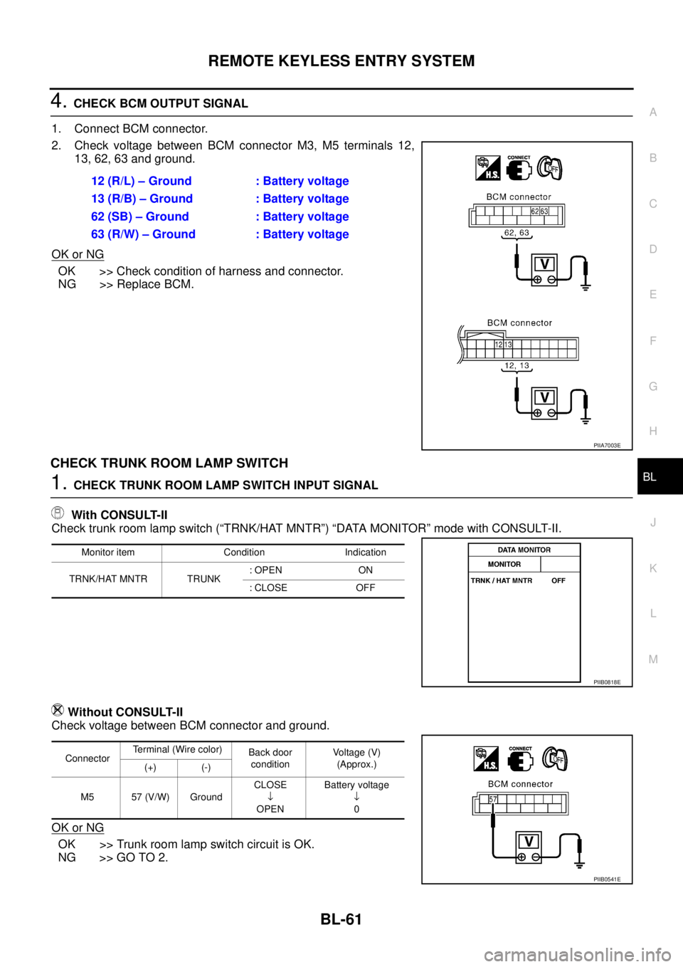 NISSAN TEANA 2003 Service Manual REMOTE KEYLESS ENTRY SYSTEM
BL-61
C
D
E
F
G
H
J
K
L
MA
B
BL
4. CHECK BCM OUTPUT SIGNAL
1. Connect BCM connector.
2. Check voltage between BCM connector M3, M5 terminals 12,
13, 62, 63 and ground.
OK NISSAN TEANA 2003 Service Manual REMOTE KEYLESS ENTRY SYSTEM
BL-61
C
D
E
F
G
H
J
K
L
MA
B
BL
4. CHECK BCM OUTPUT SIGNAL
1. Connect BCM connector.
2. Check voltage between BCM connector M3, M5 terminals 12,
13, 62, 63 and ground.
OK