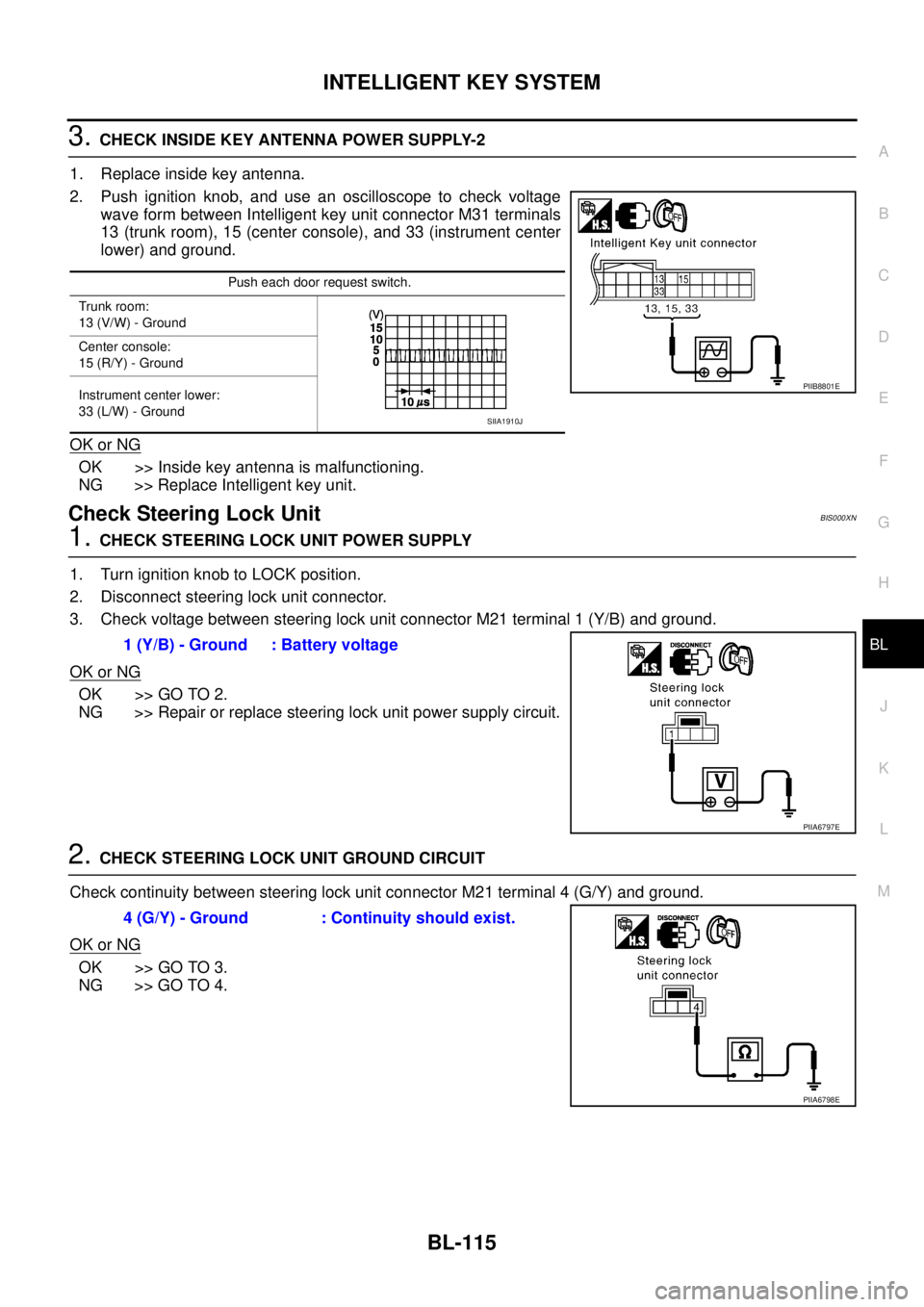 NISSAN TEANA 2003  Service Manual INTELLIGENT KEY SYSTEM
BL-115
C
D
E
F
G
H
J
K
L
MA
B
BL
 
3. CHECK INSIDE KEY ANTENNA POWER SUPPLY-2
1. Replace inside key antenna.
2. Push ignition knob, and use an oscilloscope to check voltage
wave
