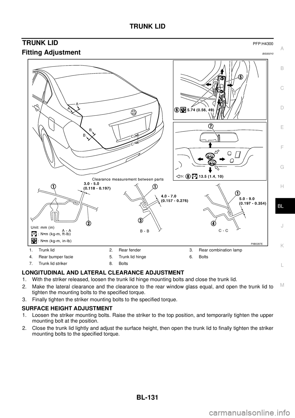 NISSAN TEANA 2003  Service Manual TRUNK LID
BL-131
C
D
E
F
G
H
J
K
L
MA
B
BL
 
TRUNK LIDPFP:H4300
Fitting AdjustmentBIS000Y0
LONGITUDINAL AND LATERAL CLEARANCE ADJUSTMENT
1. With the striker released, loosen the trunk lid hinge mounti