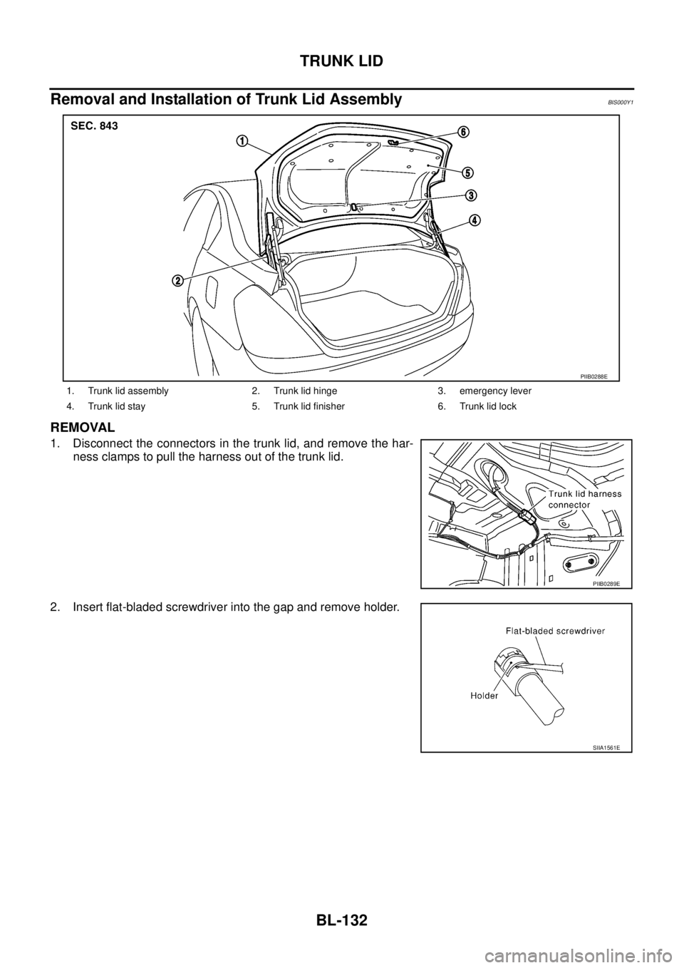 NISSAN TEANA 2003  Service Manual BL-132
TRUNK LID
 
Removal and Installation of Trunk Lid AssemblyBIS000Y1
REMOVAL
1. Disconnect the connectors in the trunk lid, and remove the har-
ness clamps to pull the harness out of the trunk li