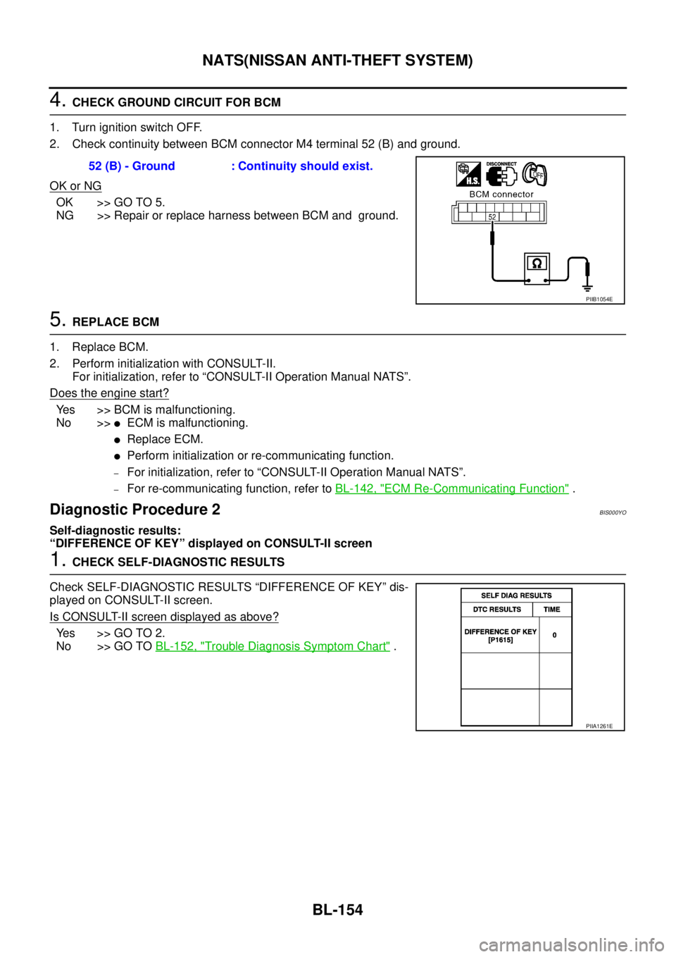 NISSAN TEANA 2003 Service Manual BL-154
NATS(NISSAN ANTI-THEFT SYSTEM)
4. CHECK GROUND CIRCUIT FOR BCM
1. Turn ignition switch OFF.
2. Check continuity between BCM connector M4 terminal 52 (B) and ground.
OK or NG
OK >> GO TO 5.
NG NISSAN TEANA 2003 Service Manual BL-154
NATS(NISSAN ANTI-THEFT SYSTEM)
4. CHECK GROUND CIRCUIT FOR BCM
1. Turn ignition switch OFF.
2. Check continuity between BCM connector M4 terminal 52 (B) and ground.
OK or NG
OK >> GO TO 5.
NG