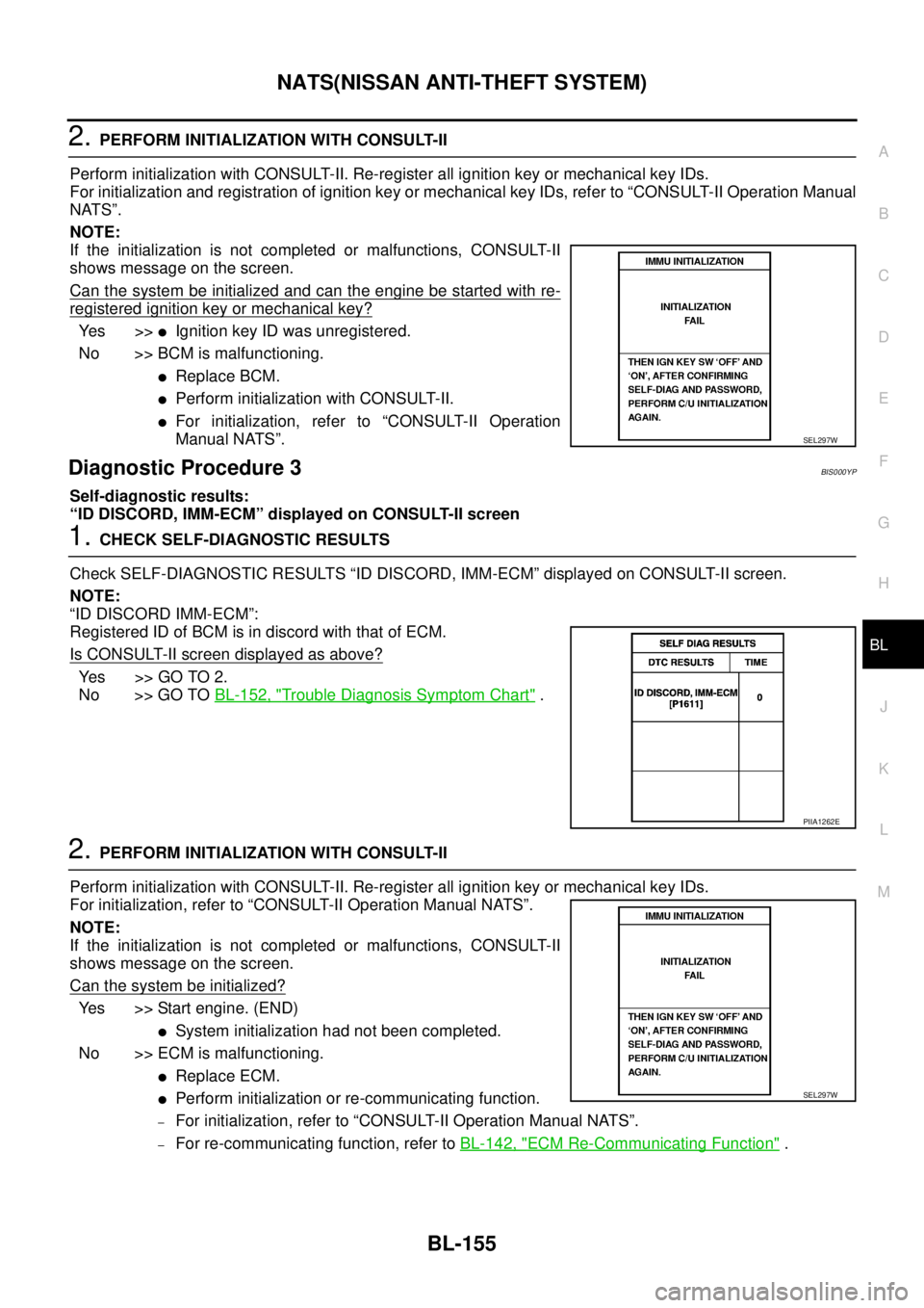 NISSAN TEANA 2003 Service Manual NATS(NISSAN ANTI-THEFT SYSTEM)
BL-155
C
D
E
F
G
H
J
K
L
MA
B
BL
2. PERFORM INITIALIZATION WITH CONSULT-II
Perform initialization with CONSULT-II. Re-register all ignition key or mechanical key IDs.
NISSAN TEANA 2003 Service Manual NATS(NISSAN ANTI-THEFT SYSTEM)
BL-155
C
D
E
F
G
H
J
K
L
MA
B
BL
2. PERFORM INITIALIZATION WITH CONSULT-II
Perform initialization with CONSULT-II. Re-register all ignition key or mechanical key IDs.