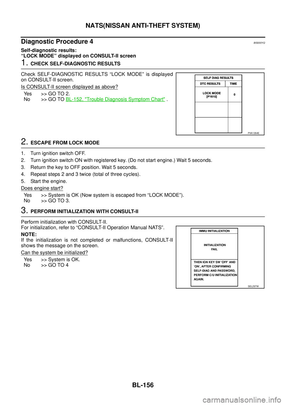 NISSAN TEANA 2003 Service Manual BL-156
NATS(NISSAN ANTI-THEFT SYSTEM)
Diagnostic Procedure 4BIS000YQ
Self-diagnostic results:
“LOCK MODE” displayed on CONSULT-II screen
1. CHECK SELF-DIAGNOSTIC RESULTS
Check SELF-DIAGNOSTIC RE NISSAN TEANA 2003 Service Manual BL-156
NATS(NISSAN ANTI-THEFT SYSTEM)
Diagnostic Procedure 4BIS000YQ
Self-diagnostic results:
“LOCK MODE” displayed on CONSULT-II screen
1. CHECK SELF-DIAGNOSTIC RESULTS
Check SELF-DIAGNOSTIC RE