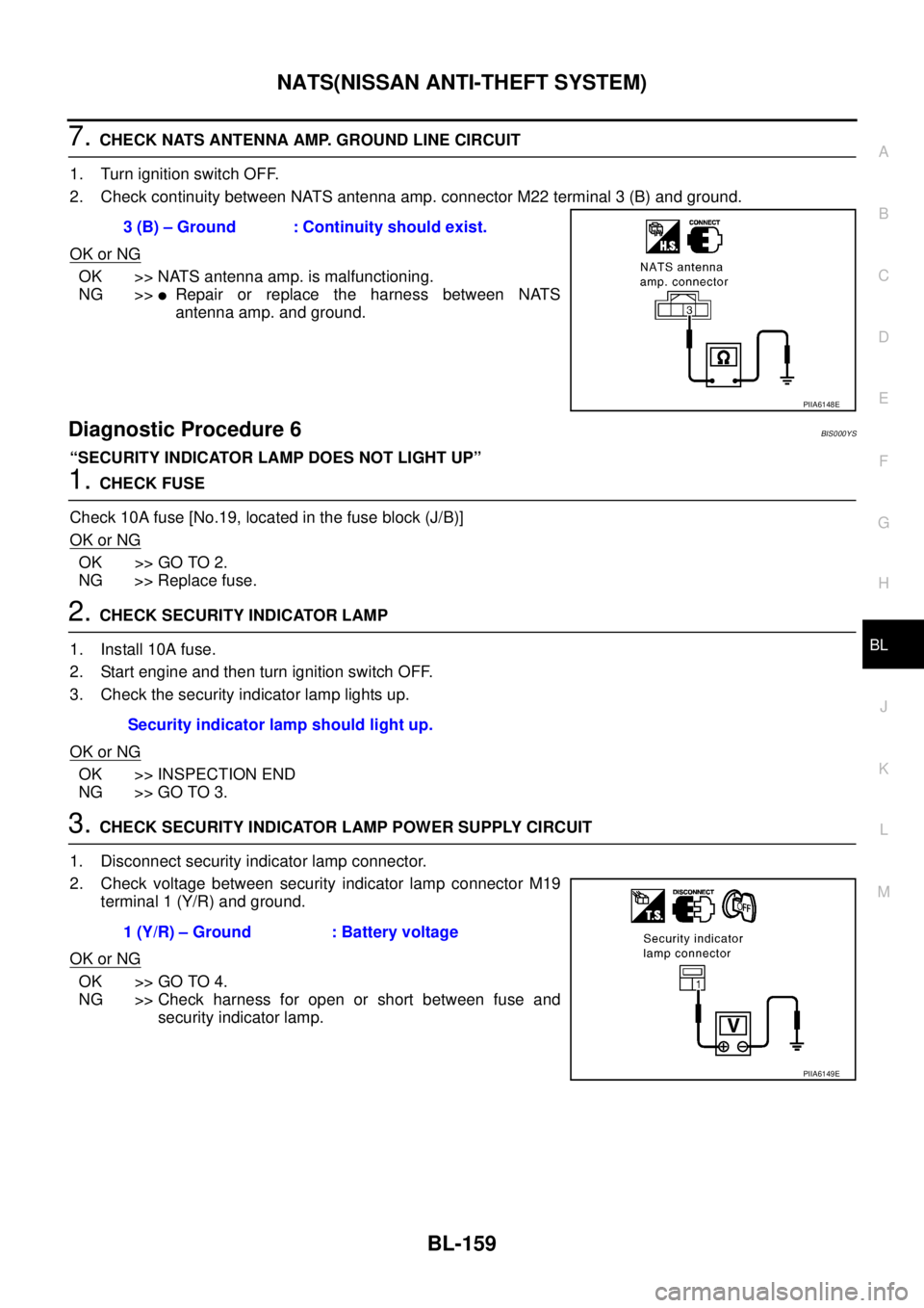 NISSAN TEANA 2003 Service Manual NATS(NISSAN ANTI-THEFT SYSTEM)
BL-159
C
D
E
F
G
H
J
K
L
MA
B
BL
7. CHECK NATS ANTENNA AMP. GROUND LINE CIRCUIT
1. Turn ignition switch OFF.
2. Check continuity between NATS antenna amp. connector M2 NISSAN TEANA 2003 Service Manual NATS(NISSAN ANTI-THEFT SYSTEM)
BL-159
C
D
E
F
G
H
J
K
L
MA
B
BL
7. CHECK NATS ANTENNA AMP. GROUND LINE CIRCUIT
1. Turn ignition switch OFF.
2. Check continuity between NATS antenna amp. connector M2