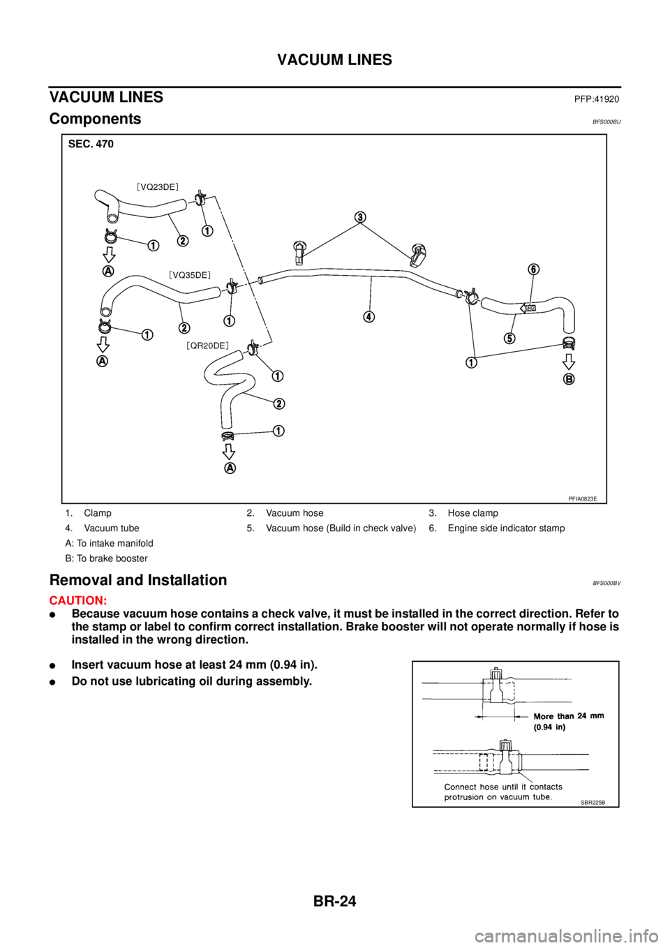 NISSAN TEANA 2003  Service Manual BR-24
VACUUM LINES
 
VACUUM LINESPFP:41920
ComponentsBFS000BU
Removal and InstallationBFS000BV
CAUTION:
Because vacuum hose contains a check valve, it must be installed in the correct direction. Refe