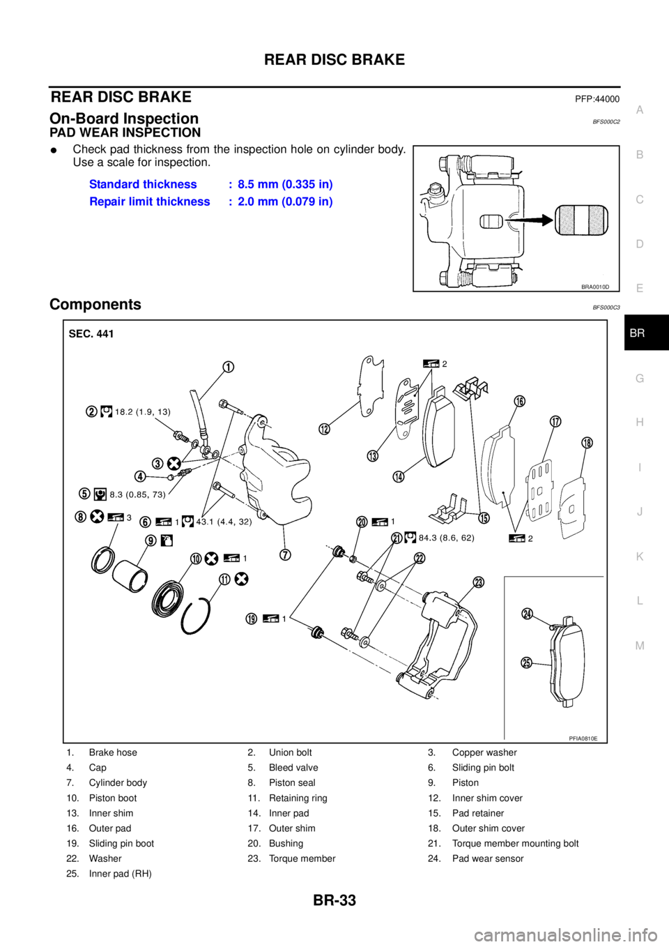 NISSAN TEANA 2003  Service Manual REAR DISC BRAKE
BR-33
C
D
E
G
H
I
J
K
L
MA
B
BR
 
REAR DISC BRAKEPFP:44000
On-Board InspectionBFS000C2
PAD WEAR INSPECTION
Check pad thickness from the inspection hole on cylinder body.
Use a scale f