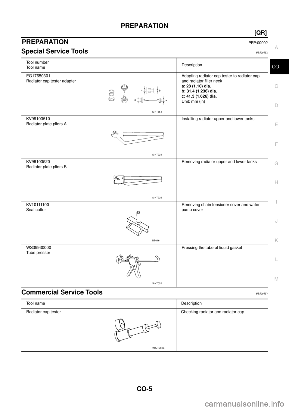 NISSAN TEANA 2003  Service Manual PREPARATION
CO-5
[QR]
C
D
E
F
G
H
I
J
K
L
MA
CO
 
PREPARATIONPFP:00002
Special Service ToolsBBS0059X
Commercial Service ToolsBBS0059Y
Tool number
Tool nameDescription
EG17650301
Radiator cap tester ad